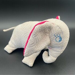 Vintage Damask Fabric Elephant Stuffed Animal - Embroidered Eyes & Pink Ears 8”